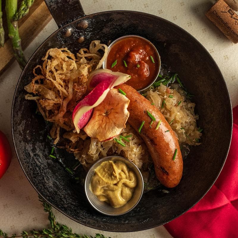 Sausage skillet with sauerkraut and crispy onions